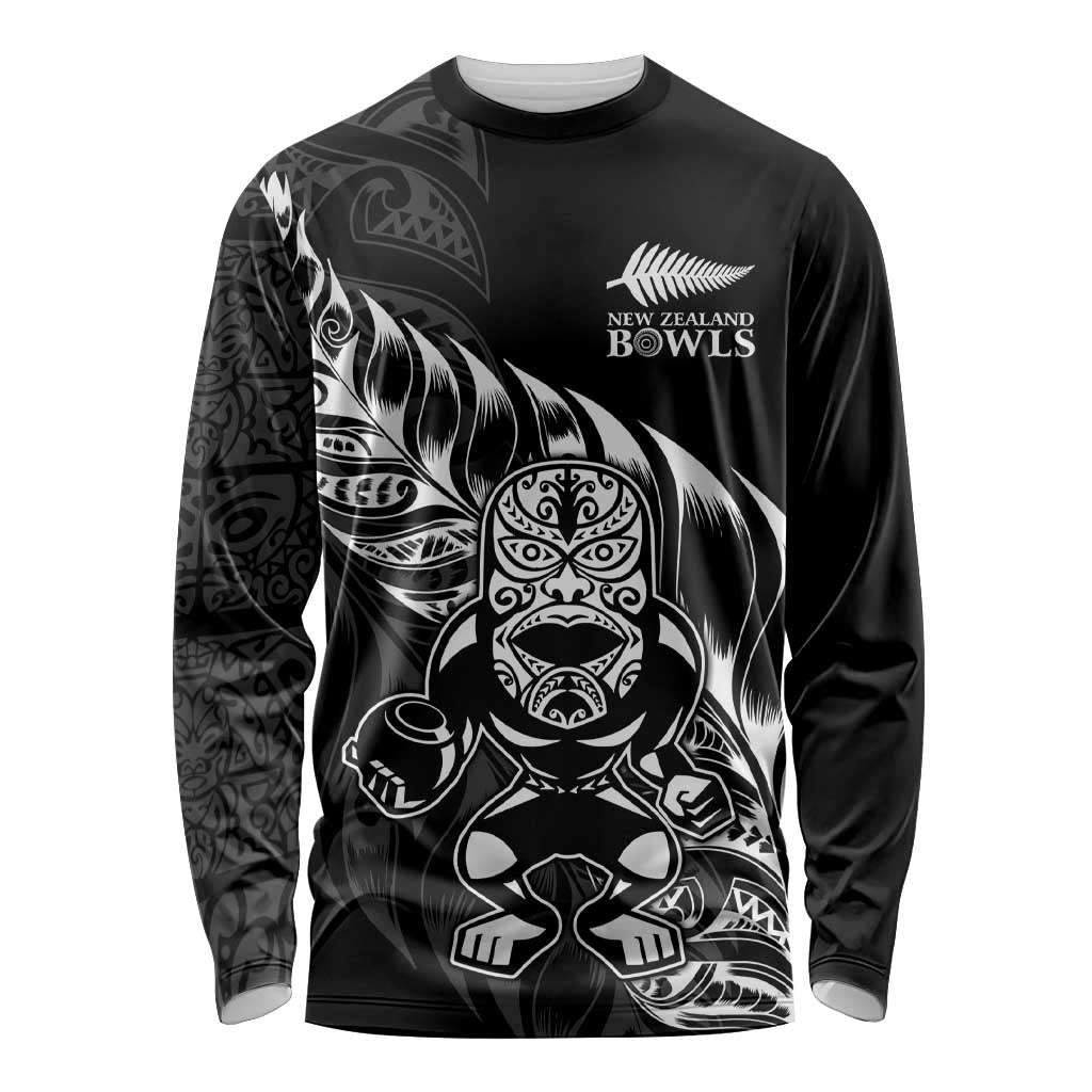 New Zealand Lawn Bowls Custom Long Sleeve Shirt Black Maori Warrior Tribal Silver Fern - Polynesian Pride