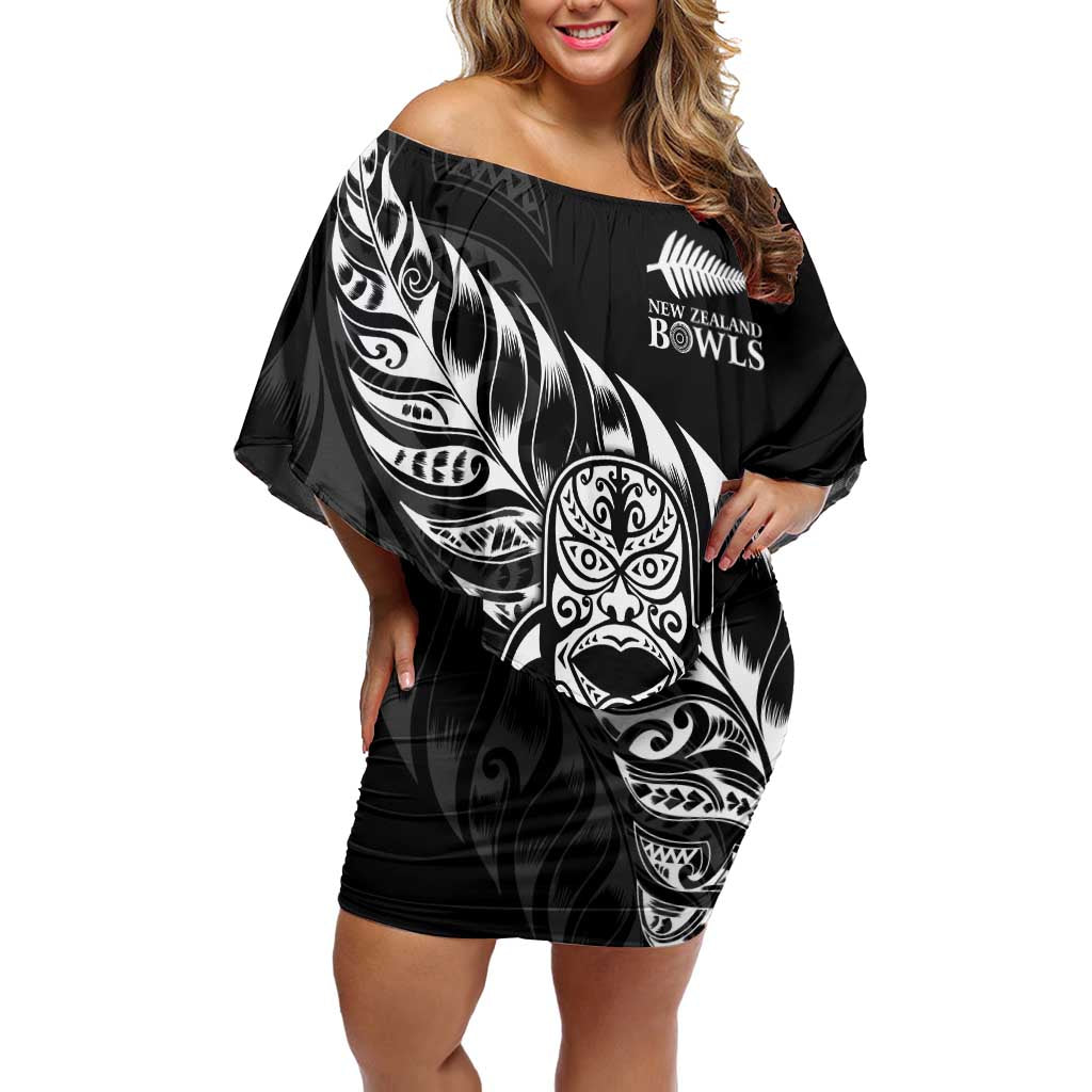 New Zealand Lawn Bowls Custom Off Shoulder Short Dress Black Maori Warrior Tribal Silver Fern - Polynesian Pride