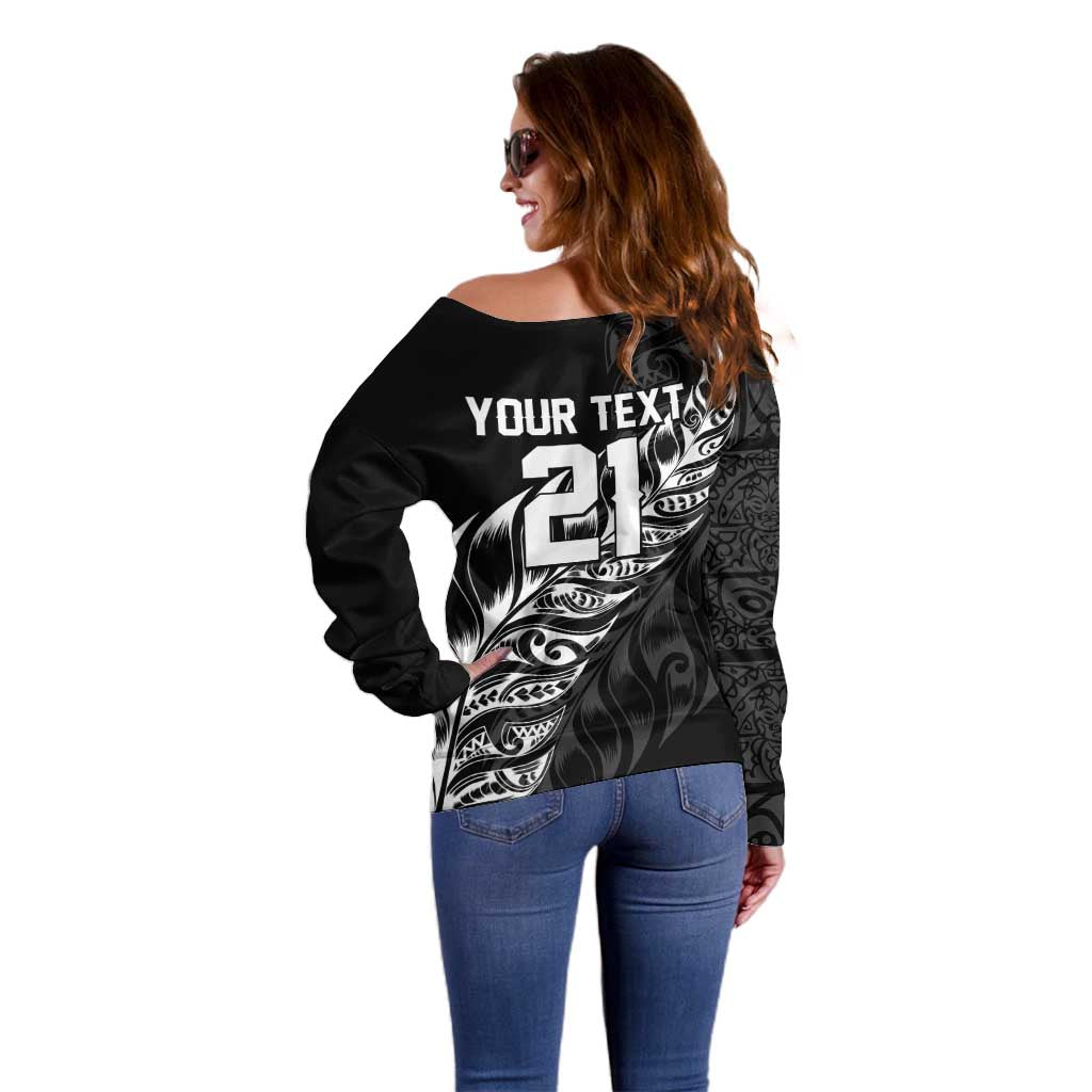 New Zealand Lawn Bowls Custom Off Shoulder Sweater Black Maori Warrior Tribal Silver Fern - Polynesian Pride