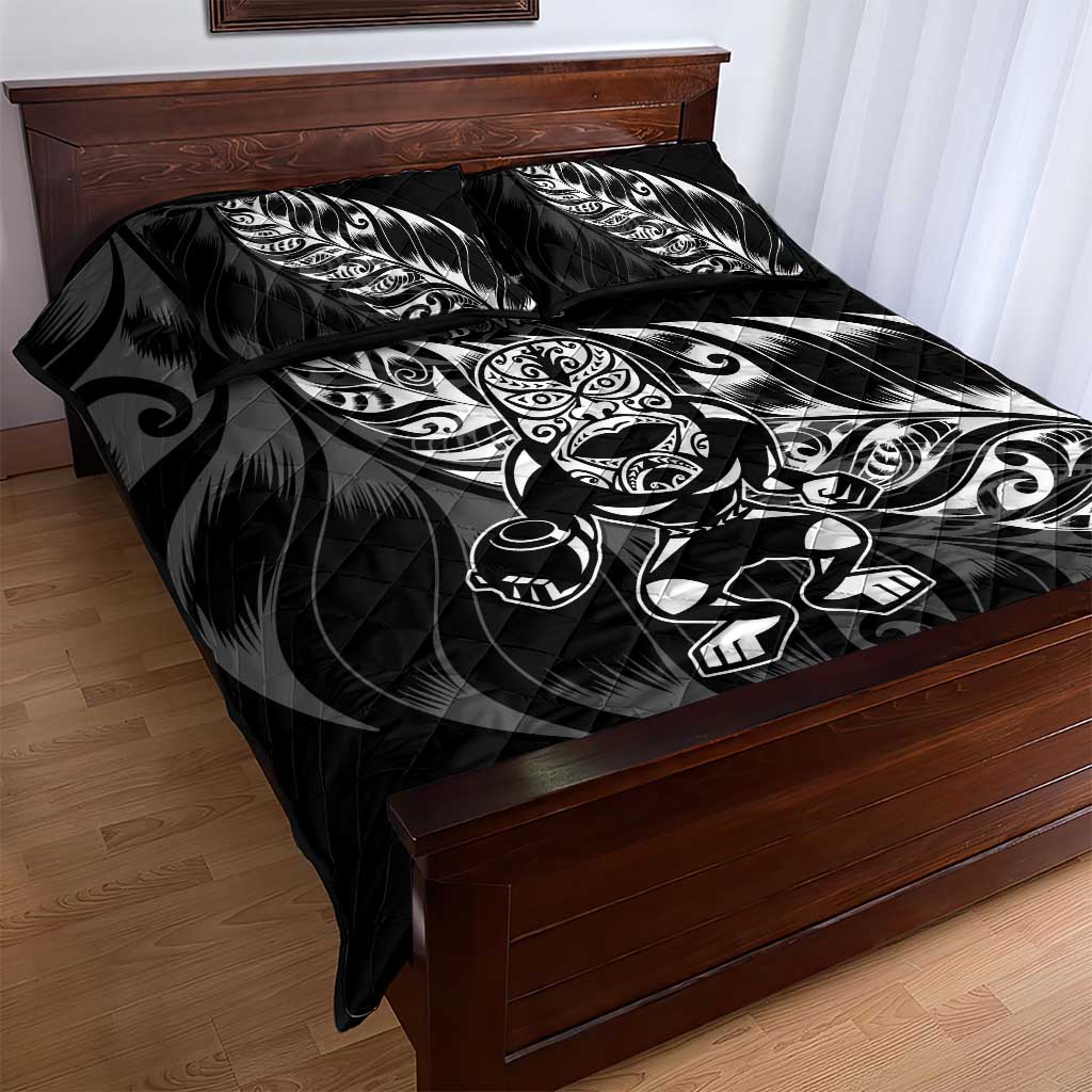 New Zealand Lawn Bowls Quilt Bed Set Black Maori Warrior Tribal Silver Fern - Polynesian Pride