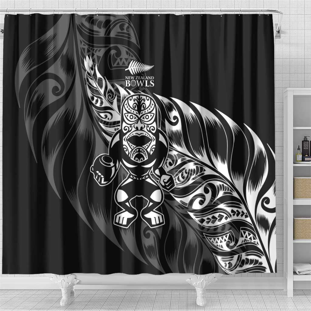 New Zealand Lawn Bowls Shower Curtain Black Maori Warrior Tribal Silver Fern - Polynesian Pride