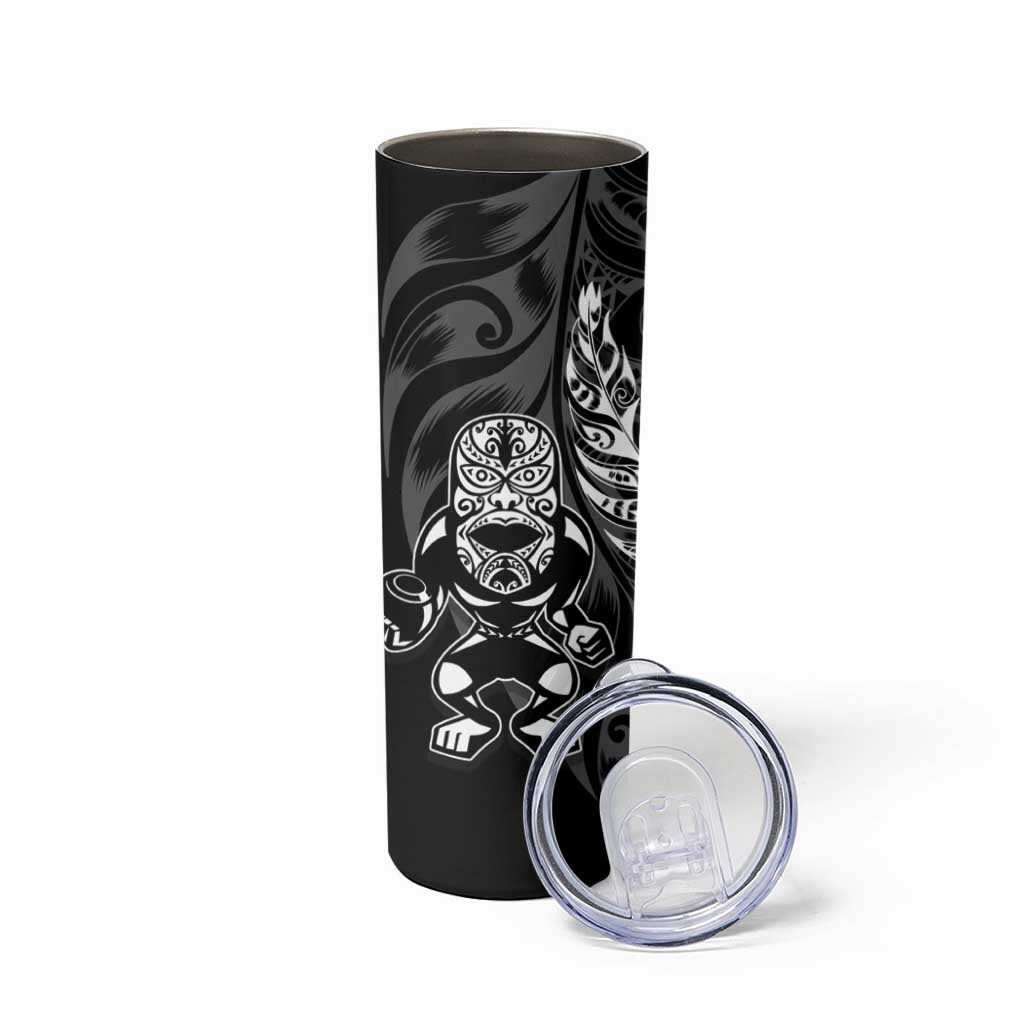 New Zealand Lawn Bowls Custom Skinny Tumbler Black Maori Warrior Tribal Silver Fern - Polynesian Pride