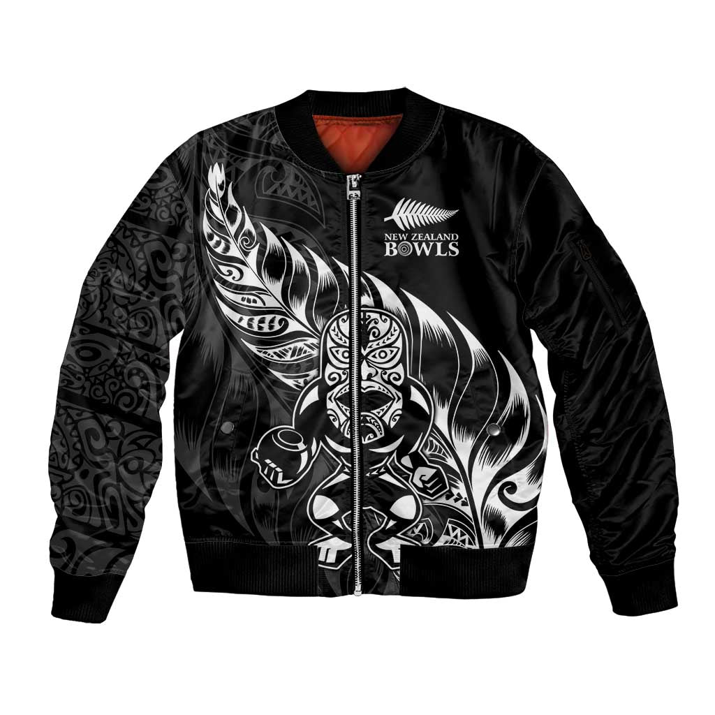 New Zealand Lawn Bowls Custom Sleeve Zip Bomber Jacket Black Maori Warrior Tribal Silver Fern - Polynesian Pride