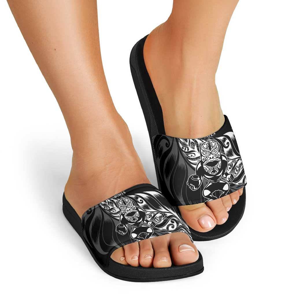 New Zealand Lawn Bowls Slide Sandals Black Maori Warrior Tribal Silver Fern - Polynesian Pride