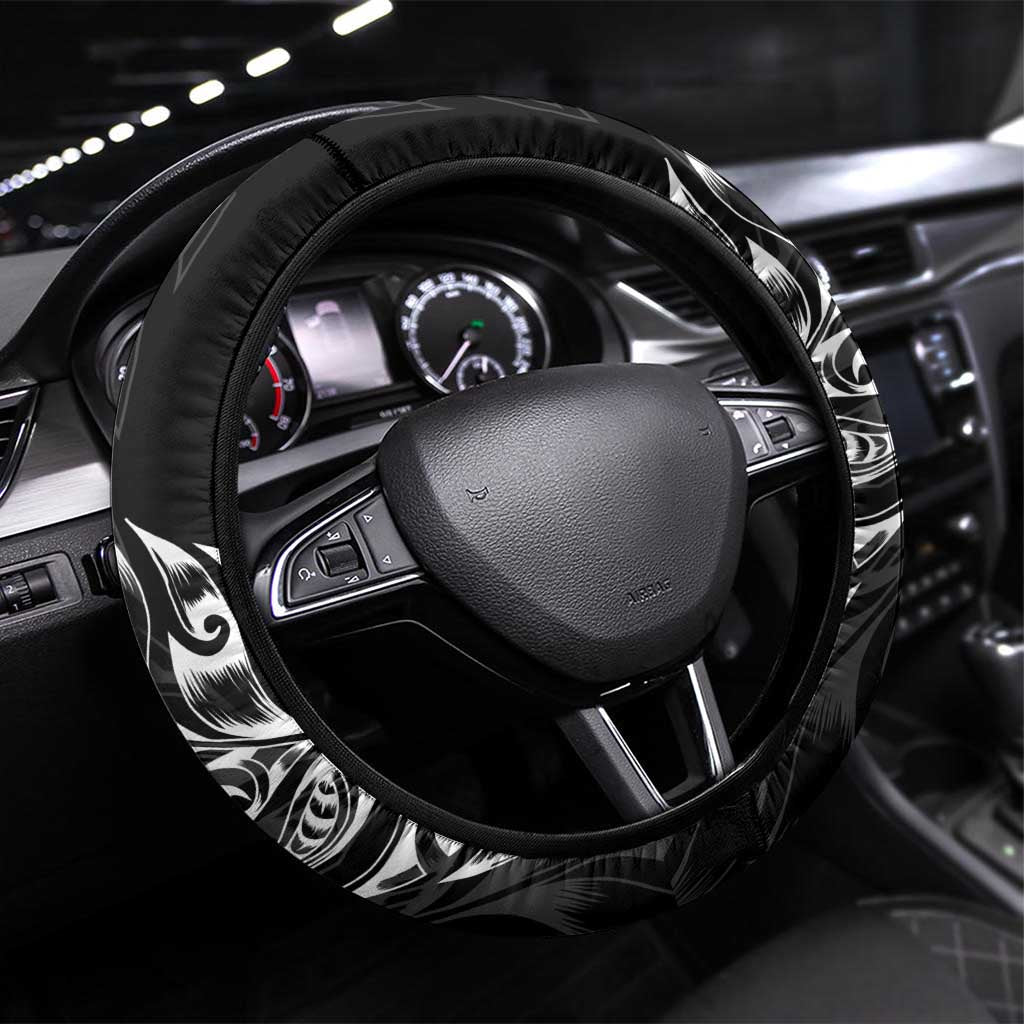 New Zealand Lawn Bowls Steering Wheel Cover Black Maori Warrior Tribal Silver Fern - Polynesian Pride