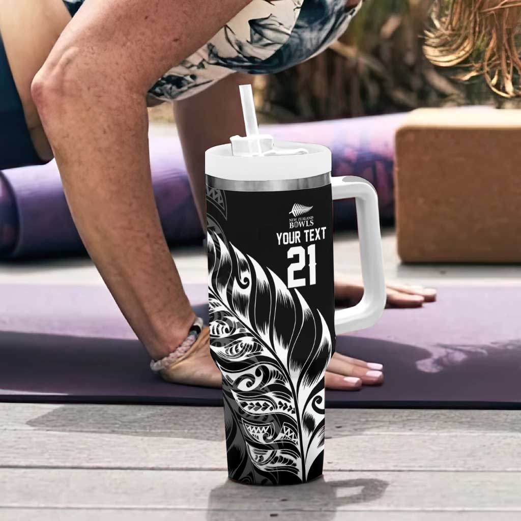 New Zealand Lawn Bowls Custom Tumbler With Handle Black Maori Warrior Tribal Silver Fern - Polynesian Pride