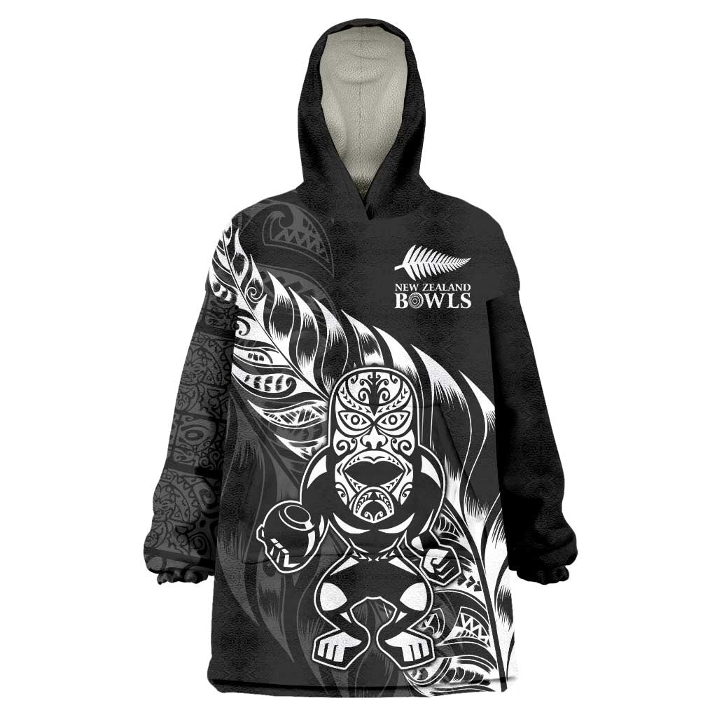 New Zealand Lawn Bowls Custom Wearable Blanket Hoodie Black Maori Warrior Tribal Silver Fern - Polynesian Pride