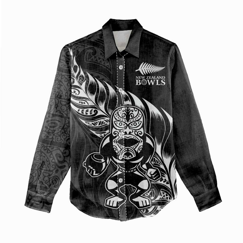 New Zealand Lawn Bowls Custom Women Casual Shirt Black Maori Warrior Tribal Silver Fern - Polynesian Pride