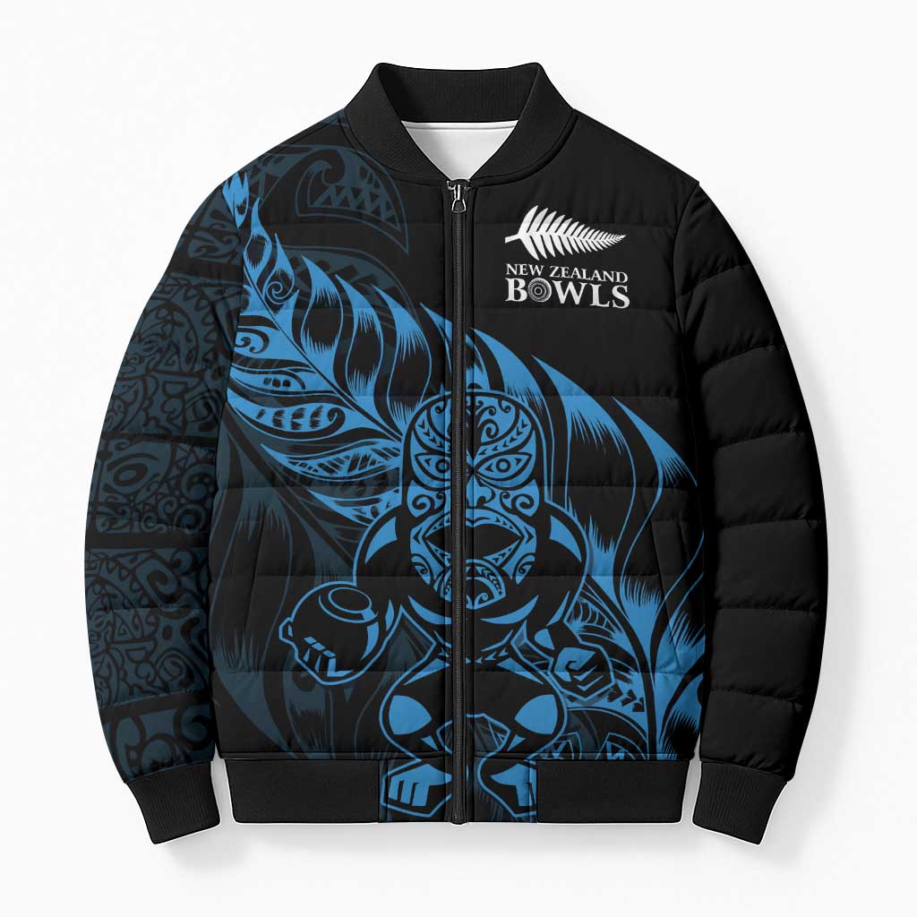 New Zealand Lawn Bowls Custom Bomber Puffer Jacket Blue Maori Warrior Tribal Silver Fern - Polynesian Pride