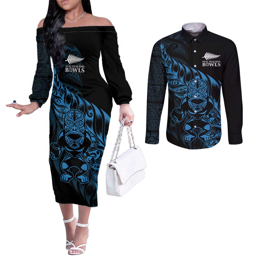 New Zealand Lawn Bowls Custom Couples Matching Off The Shoulder Long Sleeve Dress and Long Sleeve Button Shirt Blue Maori Warrior Tribal Silver Fern - Polynesian Pride
