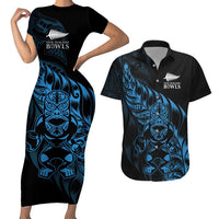 New Zealand Lawn Bowls Custom Couples Matching Short Sleeve Bodycon Dress and Hawaiian Shirt Blue Maori Warrior Tribal Silver Fern - Polynesian Pride