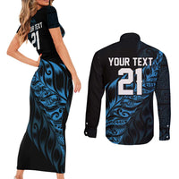 New Zealand Lawn Bowls Custom Couples Matching Short Sleeve Bodycon Dress and Long Sleeve Button Shirt Blue Maori Warrior Tribal Silver Fern - Polynesian Pride