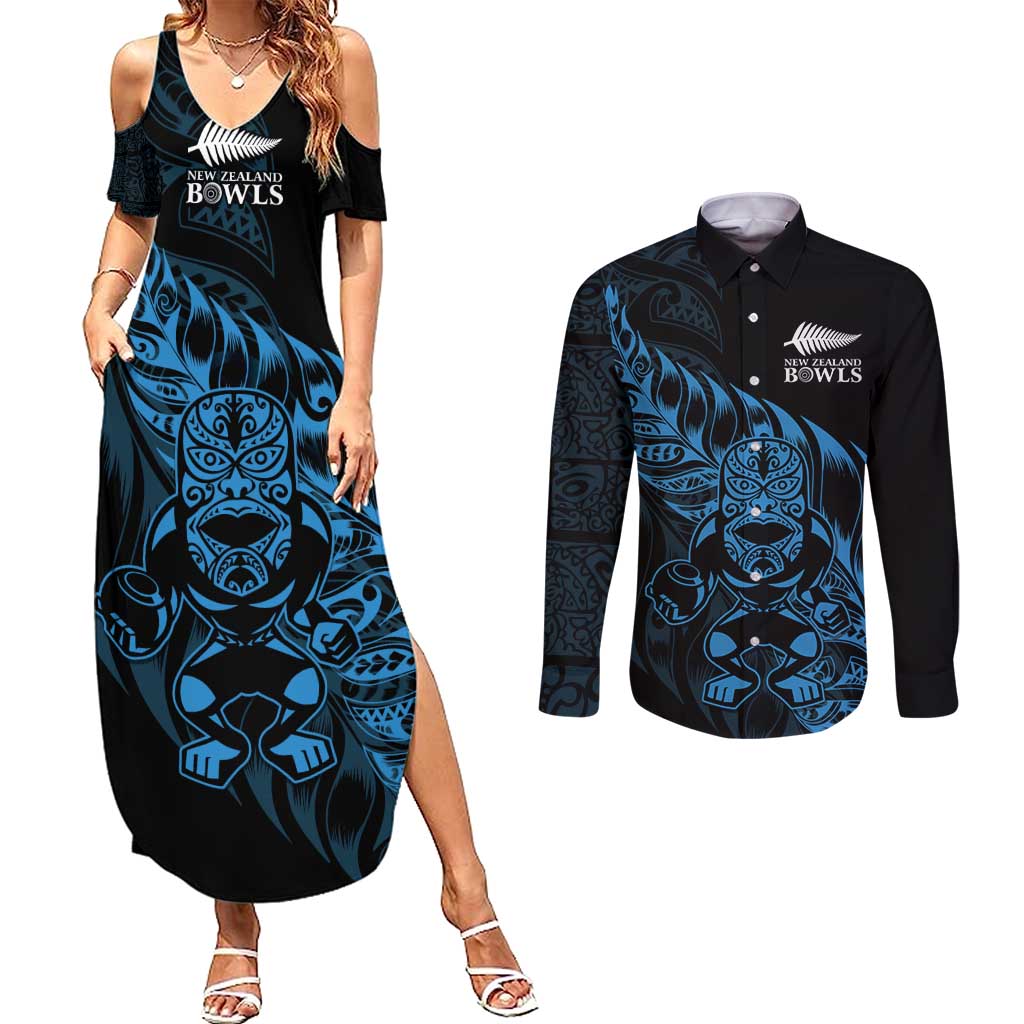 New Zealand Lawn Bowls Custom Couples Matching Summer Maxi Dress and Long Sleeve Button Shirt Blue Maori Warrior Tribal Silver Fern - Polynesian Pride