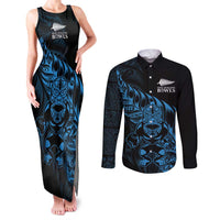 New Zealand Lawn Bowls Custom Couples Matching Tank Maxi Dress and Long Sleeve Button Shirt Blue Maori Warrior Tribal Silver Fern - Polynesian Pride