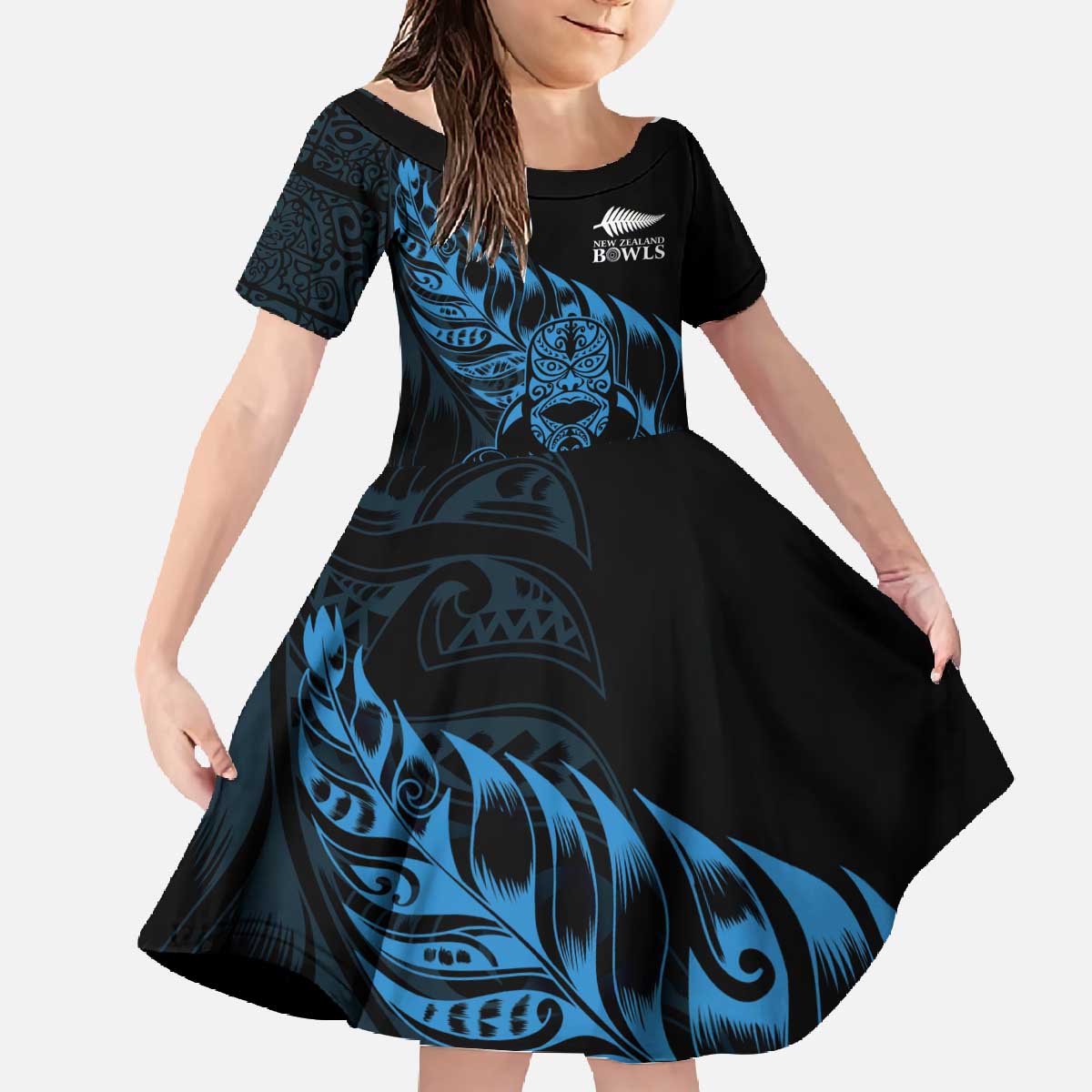 New Zealand Lawn Bowls Custom Family Matching Off The Shoulder Long Sleeve Dress and Hawaiian Shirt Blue Maori Warrior Tribal Silver Fern - Polynesian Pride