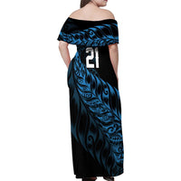New Zealand Lawn Bowls Custom Family Matching Off Shoulder Maxi Dress and Hawaiian Shirt Blue Maori Warrior Tribal Silver Fern - Polynesian Pride