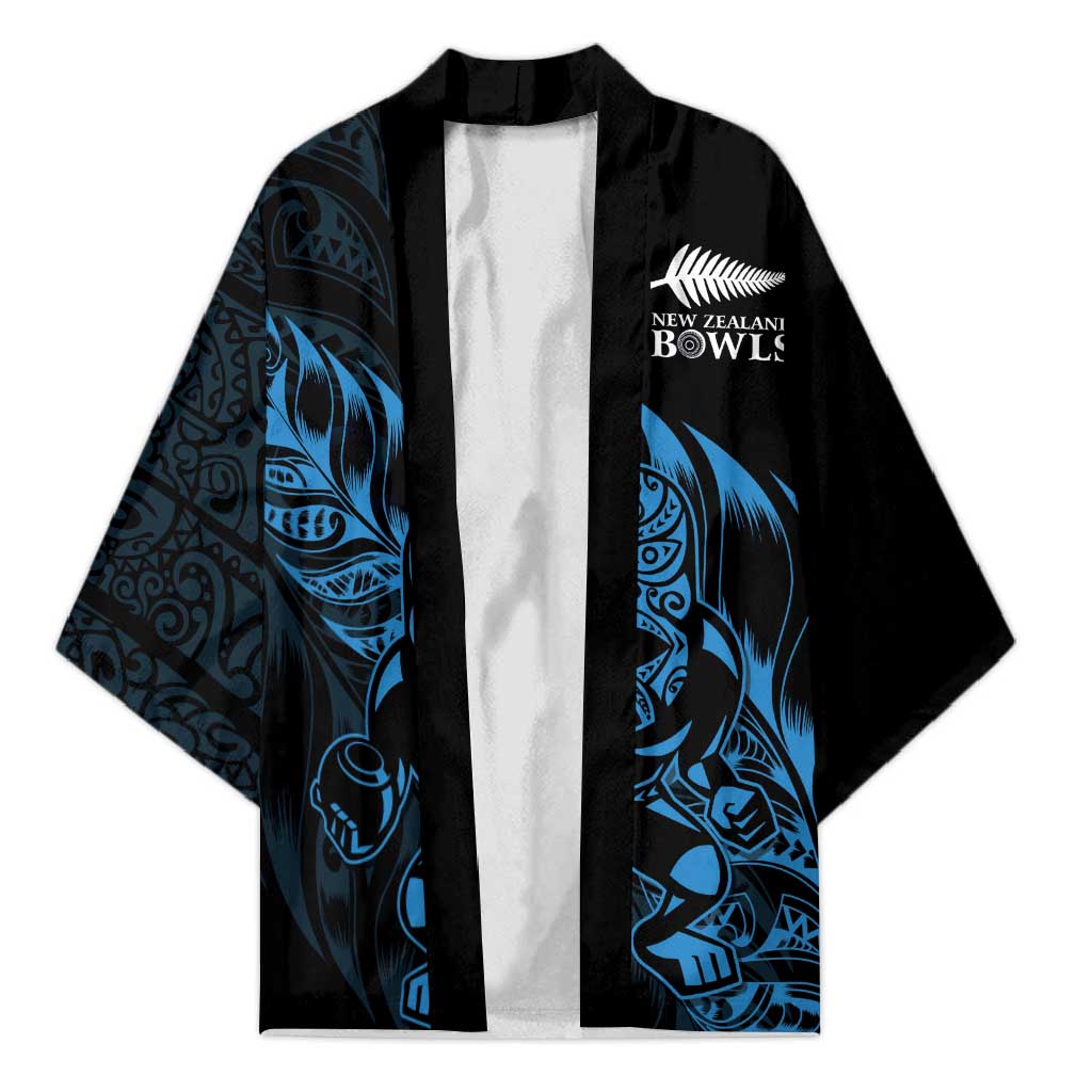 New Zealand Lawn Bowls Custom Kimono Blue Maori Warrior Tribal Silver Fern - Polynesian Pride