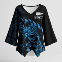 New Zealand Lawn Bowls Custom Kimono Sleeve Blouse Blue Maori Warrior Tribal Silver Fern - Polynesian Pride