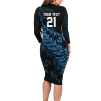 New Zealand Lawn Bowls Custom Long Sleeve Bodycon Dress Blue Maori Warrior Tribal Silver Fern - Polynesian Pride