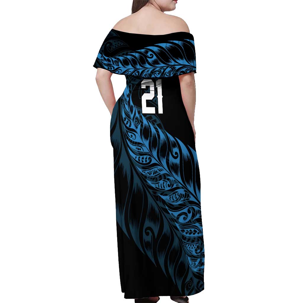 New Zealand Lawn Bowls Custom Off Shoulder Maxi Dress Blue Maori Warrior Tribal Silver Fern - Polynesian Pride