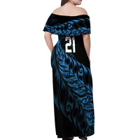 New Zealand Lawn Bowls Custom Off Shoulder Maxi Dress Blue Maori Warrior Tribal Silver Fern - Polynesian Pride