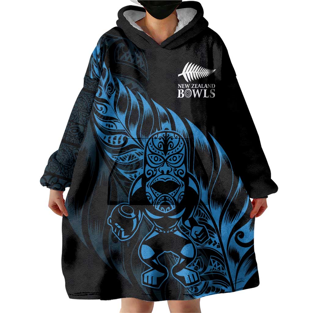 New Zealand Lawn Bowls Custom Wearable Blanket Hoodie Blue Maori Warrior Tribal Silver Fern - Polynesian Pride