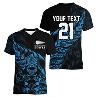 New Zealand Lawn Bowls Custom Women V-Neck T-Shirt Blue Maori Warrior Tribal Silver Fern - Polynesian Pride