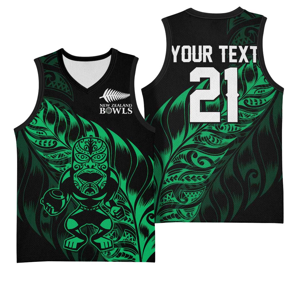 New Zealand Lawn Bowls Custom Basketball Jersey Green Maori Warrior Tribal Silver Fern - Polynesian Pride