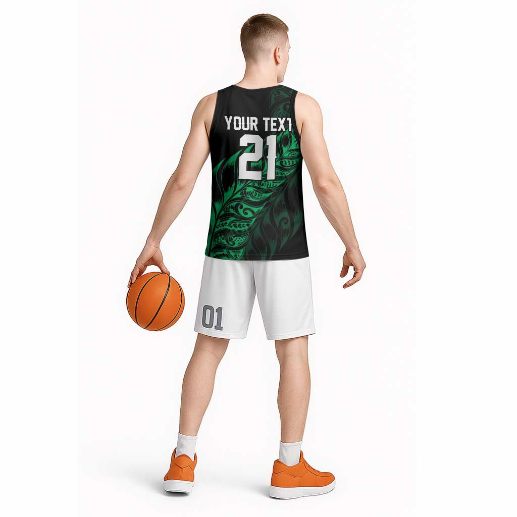 New Zealand Lawn Bowls Custom Basketball Jersey Green Maori Warrior Tribal Silver Fern - Polynesian Pride