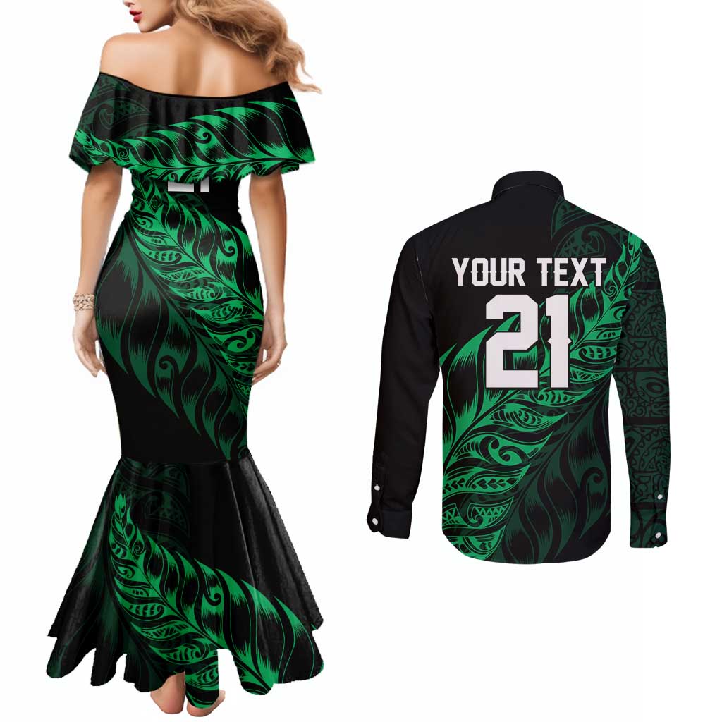 New Zealand Lawn Bowls Custom Couples Matching Mermaid Dress and Long Sleeve Button Shirt Green Maori Warrior Tribal Silver Fern - Polynesian Pride