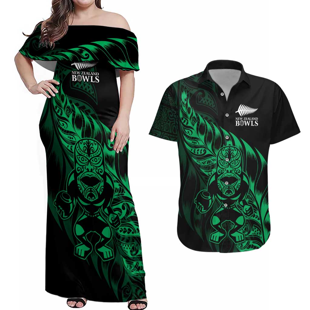 New Zealand Lawn Bowls Custom Couples Matching Off Shoulder Maxi Dress and Hawaiian Shirt Green Maori Warrior Tribal Silver Fern - Polynesian Pride