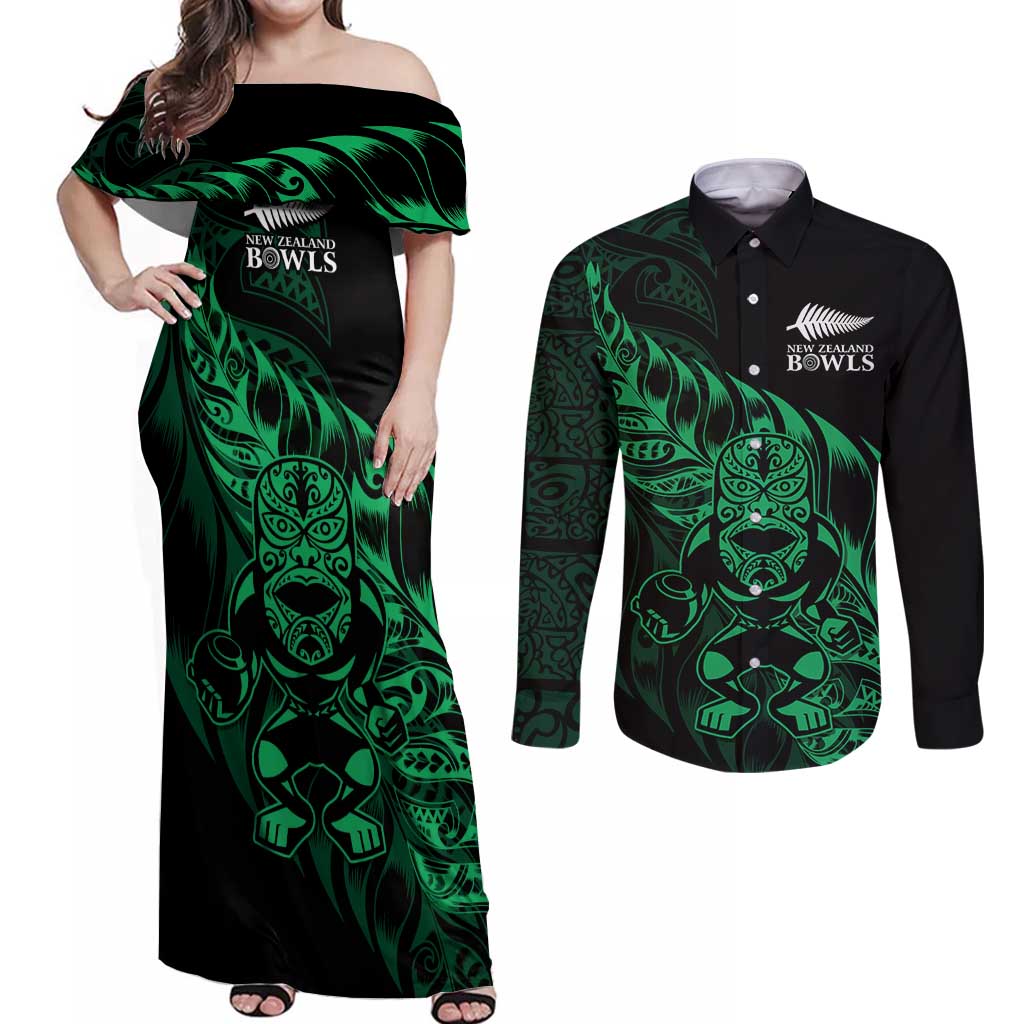 New Zealand Lawn Bowls Custom Couples Matching Off Shoulder Maxi Dress and Long Sleeve Button Shirt Green Maori Warrior Tribal Silver Fern - Polynesian Pride
