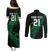 New Zealand Lawn Bowls Custom Couples Matching Puletasi and Long Sleeve Button Shirt Green Maori Warrior Tribal Silver Fern - Polynesian Pride