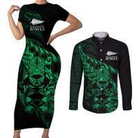 New Zealand Lawn Bowls Custom Couples Matching Short Sleeve Bodycon Dress and Long Sleeve Button Shirt Green Maori Warrior Tribal Silver Fern - Polynesian Pride