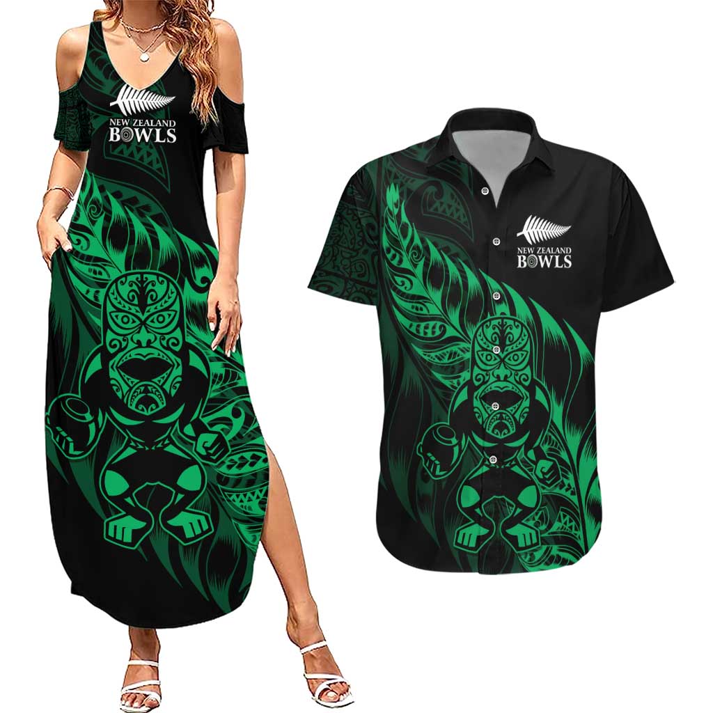 New Zealand Lawn Bowls Custom Couples Matching Summer Maxi Dress and Hawaiian Shirt Green Maori Warrior Tribal Silver Fern - Polynesian Pride