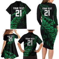 New Zealand Lawn Bowls Custom Family Matching Long Sleeve Bodycon Dress and Hawaiian Shirt Green Maori Warrior Tribal Silver Fern - Polynesian Pride