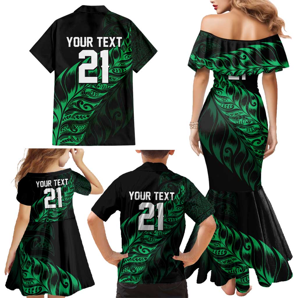 New Zealand Lawn Bowls Custom Family Matching Mermaid Dress and Hawaiian Shirt Green Maori Warrior Tribal Silver Fern - Polynesian Pride