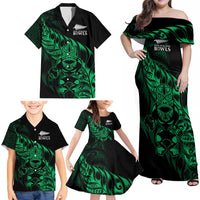 New Zealand Lawn Bowls Custom Family Matching Off Shoulder Maxi Dress and Hawaiian Shirt Green Maori Warrior Tribal Silver Fern - Polynesian Pride