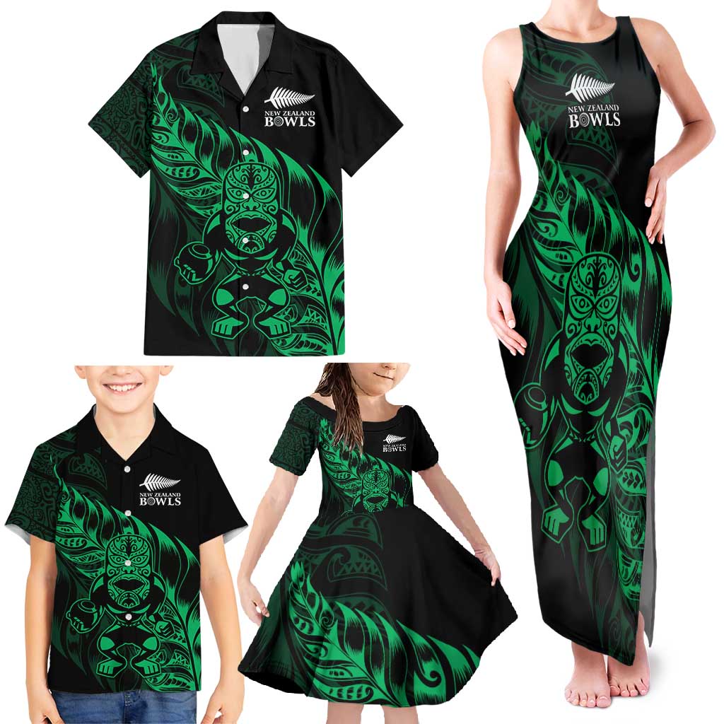 New Zealand Lawn Bowls Custom Family Matching Tank Maxi Dress and Hawaiian Shirt Green Maori Warrior Tribal Silver Fern - Polynesian Pride