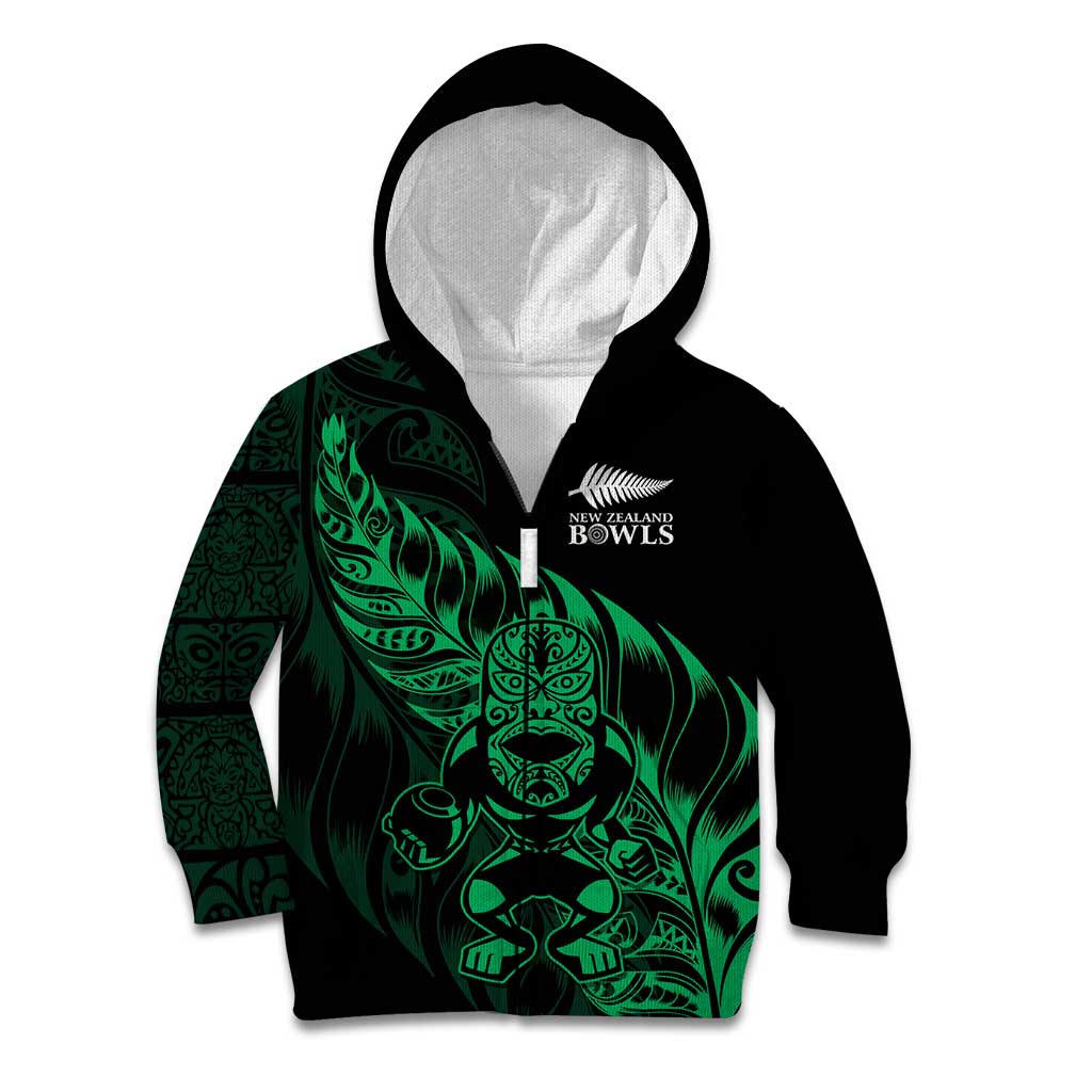 New Zealand Lawn Bowls Custom Kid Hoodie Green Maori Warrior Tribal Silver Fern - Polynesian Pride