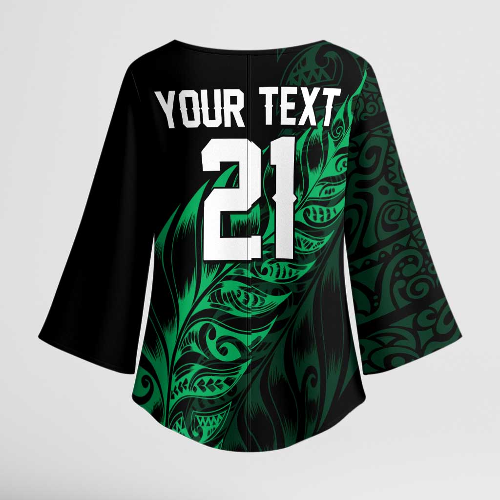 New Zealand Lawn Bowls Custom Kimono Sleeve Blouse Green Maori Warrior Tribal Silver Fern - Polynesian Pride