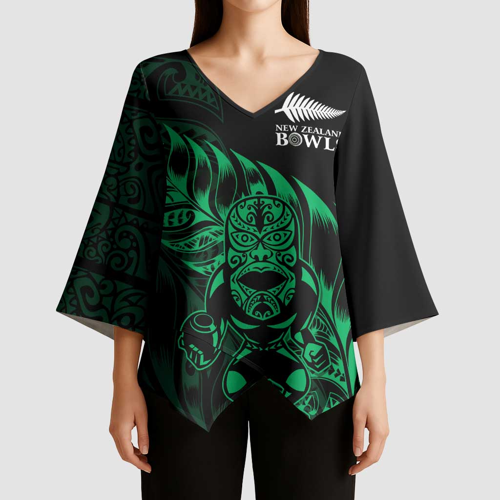 New Zealand Lawn Bowls Custom Kimono Sleeve Blouse Green Maori Warrior Tribal Silver Fern - Polynesian Pride