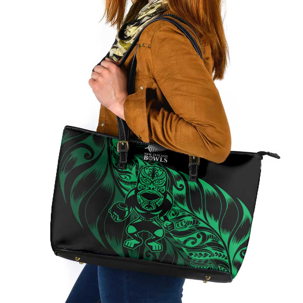 New Zealand Lawn Bowls Leather Tote Bag Green Maori Warrior Tribal Silver Fern - Polynesian Pride