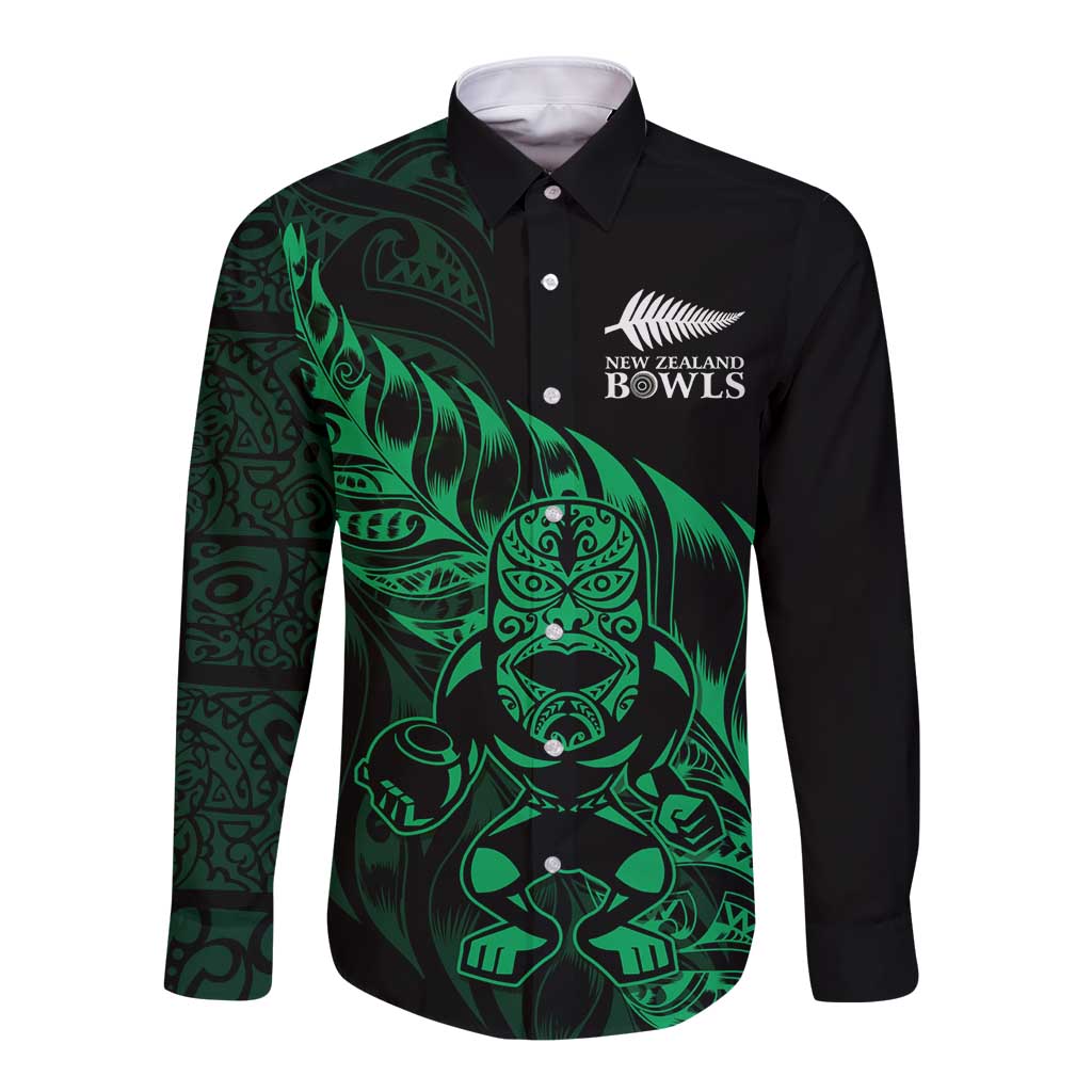 New Zealand Lawn Bowls Custom Long Sleeve Button Shirt Green Maori Warrior Tribal Silver Fern - Polynesian Pride