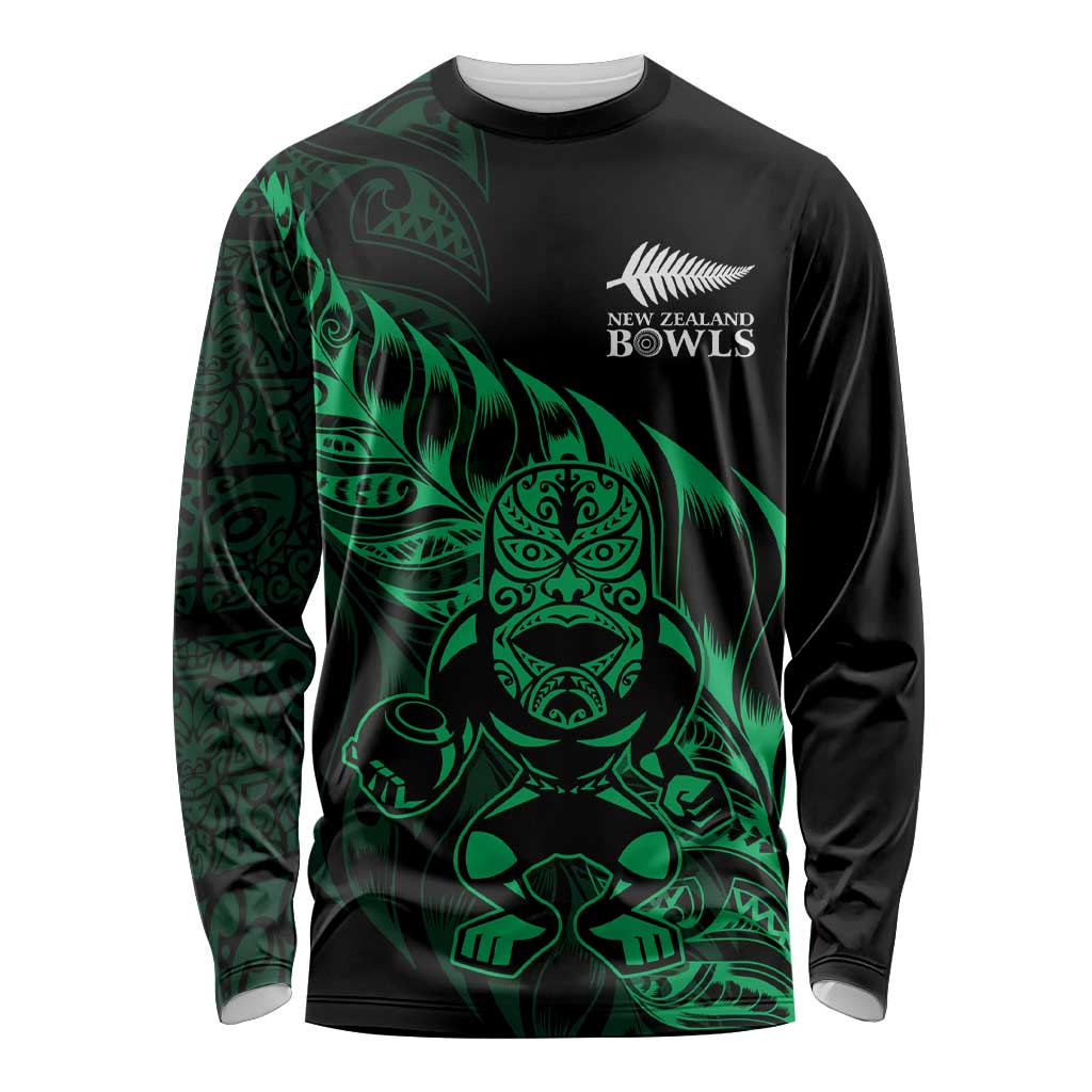 New Zealand Lawn Bowls Custom Long Sleeve Shirt Green Maori Warrior Tribal Silver Fern - Polynesian Pride