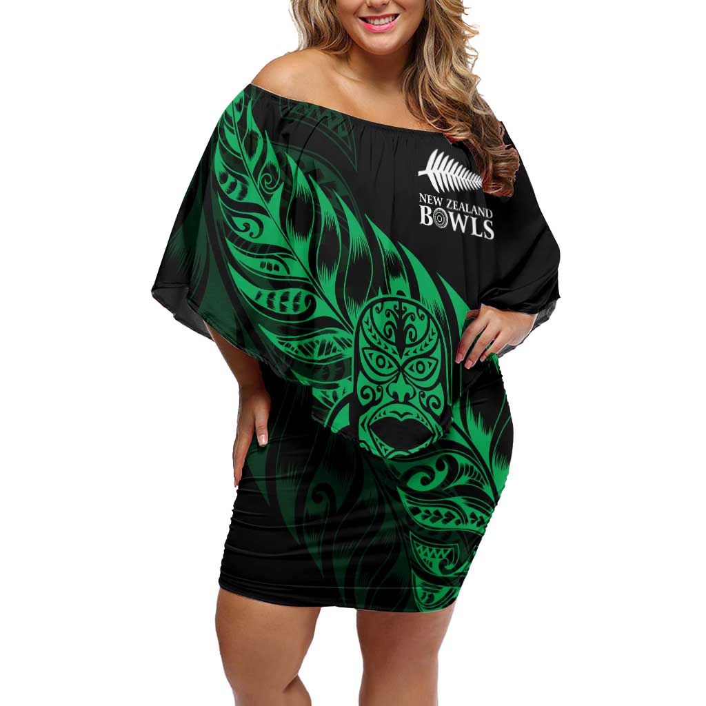New Zealand Lawn Bowls Custom Off Shoulder Short Dress Green Maori Warrior Tribal Silver Fern - Polynesian Pride