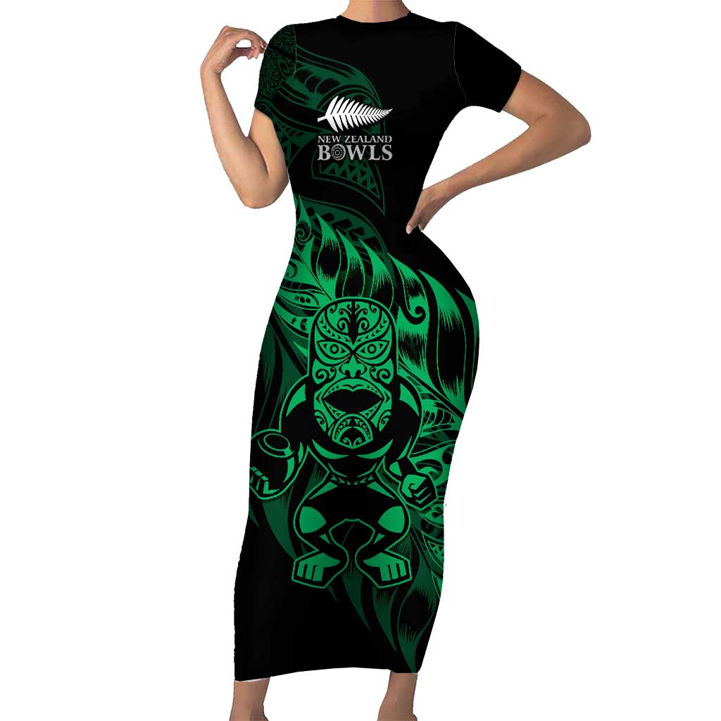 New Zealand Lawn Bowls Custom Short Sleeve Bodycon Dress Green Maori Warrior Tribal Silver Fern - Polynesian Pride