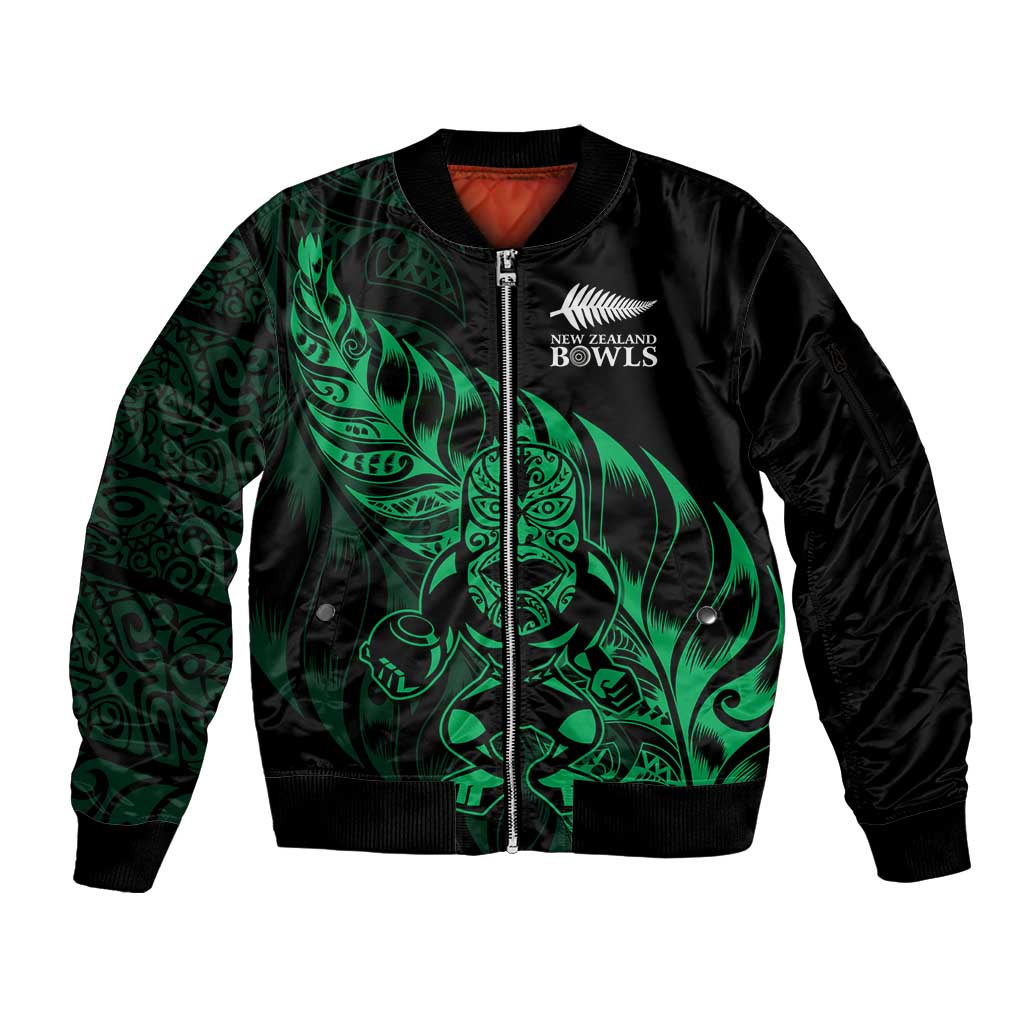 New Zealand Lawn Bowls Custom Sleeve Zip Bomber Jacket Green Maori Warrior Tribal Silver Fern - Polynesian Pride