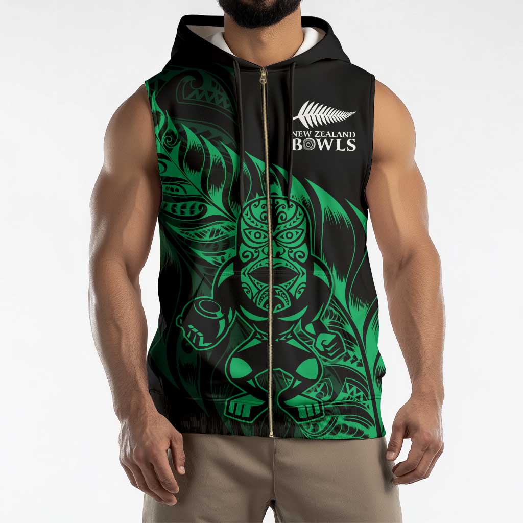 New Zealand Lawn Bowls Custom Sleeveless Zip Hoodie Green Maori Warrior Tribal Silver Fern - Polynesian Pride