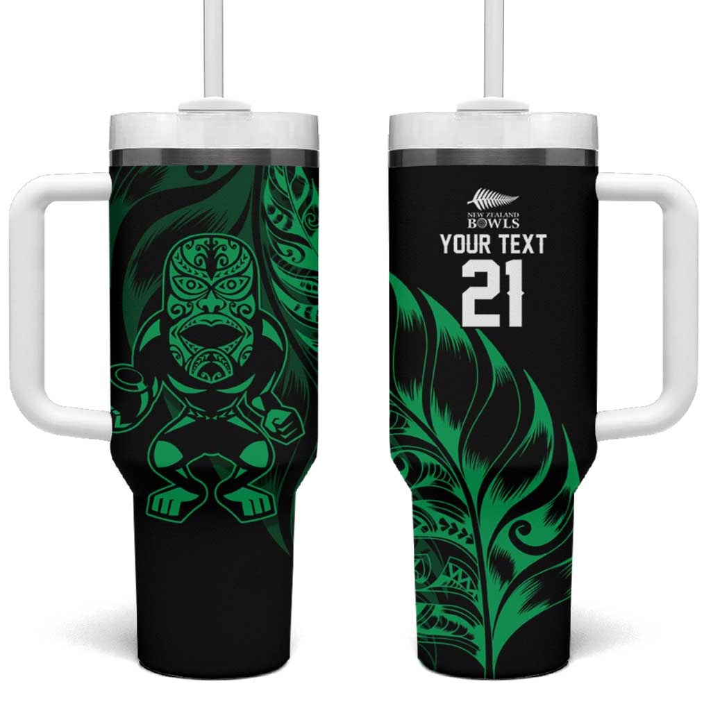 New Zealand Lawn Bowls Custom Tumbler With Handle Green Maori Warrior Tribal Silver Fern - Polynesian Pride